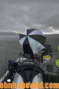 An angler fishing and trying to avoid the rain under an umbrella 