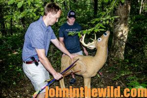 An archer retrieves arrows from a 3D deer target