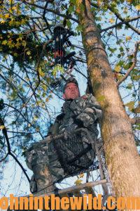 A hunter looks out from his tree stand