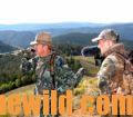 Two elk hunters in the field: one calling in an elk while the other records