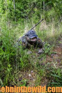 A hunter low in some tall grass on the lookout for turkeys