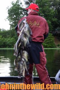An angler carries a large catch of crappie
