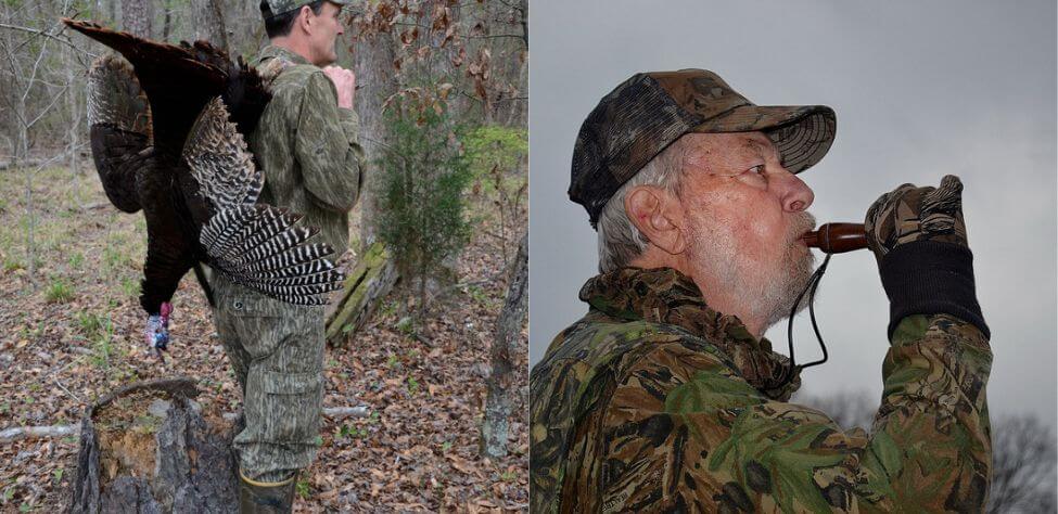 Wild turkey hunter with his trophy and a wild turkey hunter calling