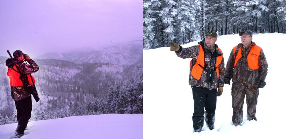 Elk hunter with binoculars in the snow and elk hunters posing in the snow