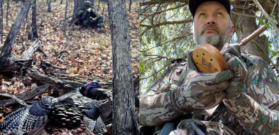 Turkey hunter after shooting a turkey and Mike Pentecost turkey hunting